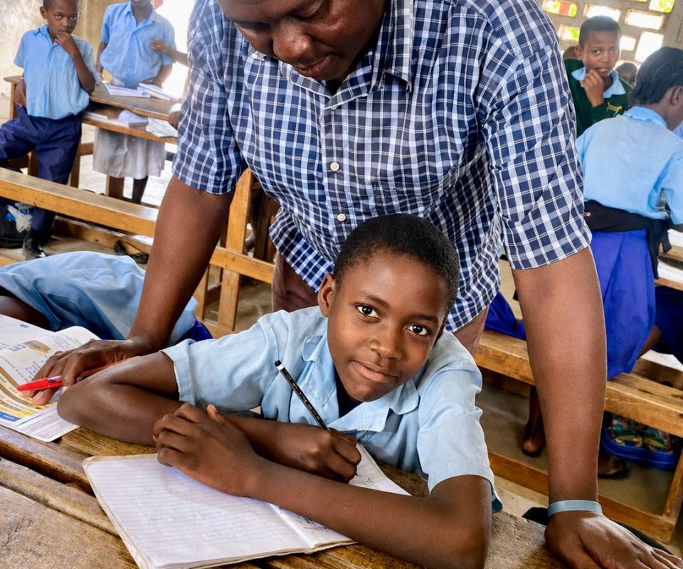 boy in class looks at camera